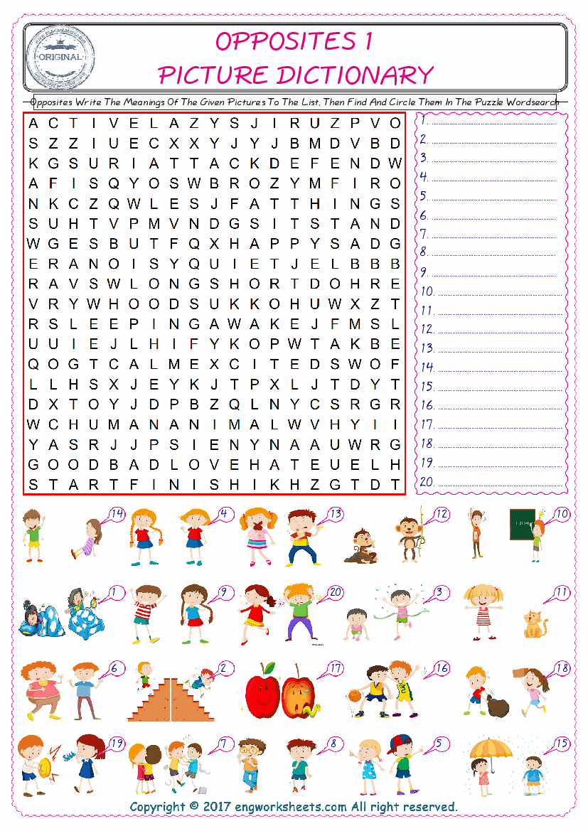  For kids, check the picture of Opposites find, and write the word and find it in the word puzzle ESL printable worksheet. 